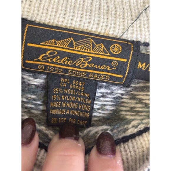 Vtg 90s Eddie Bauer Wool Sweater Medium Fair Isle Nordic Black White Snowflake - Picture 4 of 10
